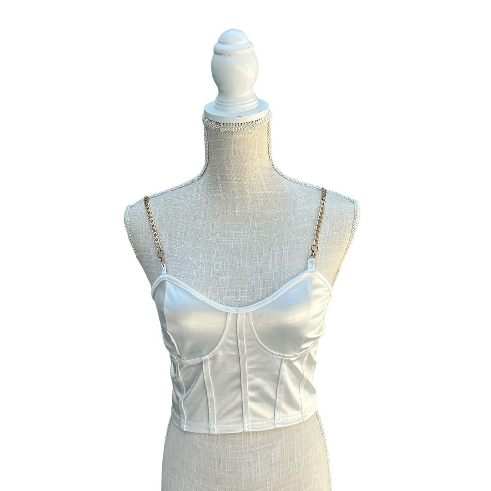Shein sexy stain white corset w/ gold link chain straps.  Size: Small NWOT.